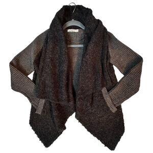 Hazel Wool Blend Cardigan Sweater Charcoal Open Waterfall Boucle Ribbed S